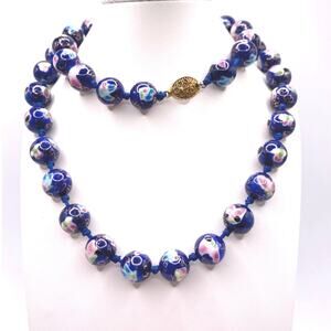 Chinese Cloisonné Cobalt Blue Flower Beaded Necklace 1940s